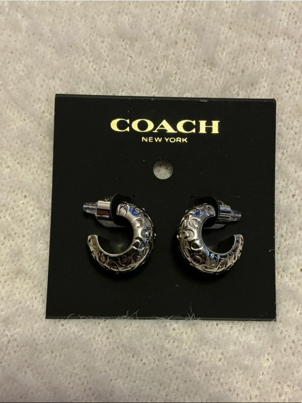 Coach Silver-Tone Engraved Hoop huggie Earrings - Picture 2 of 5